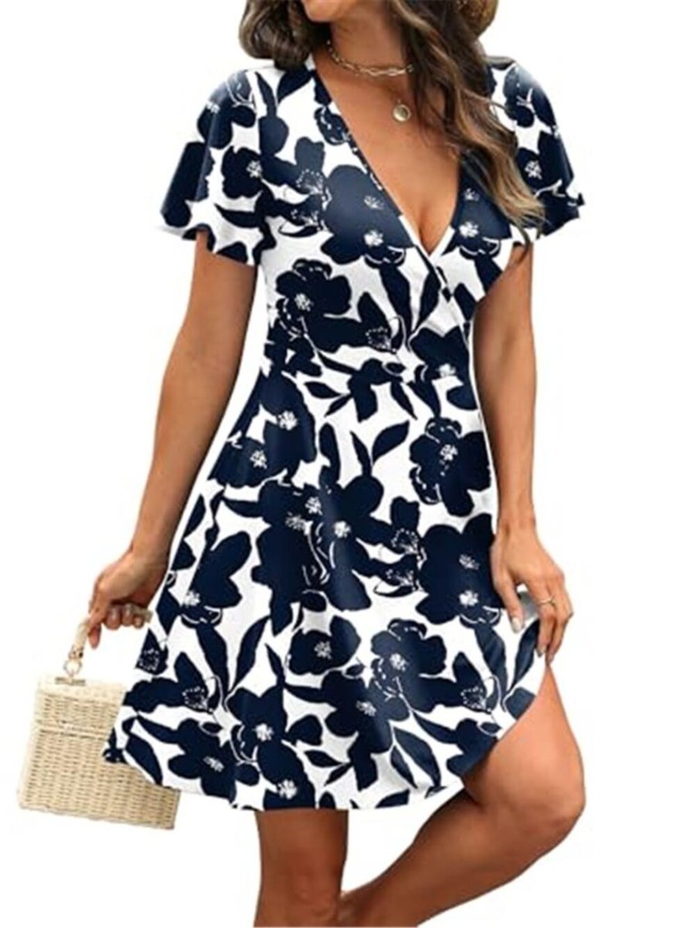 Womens Casual Dresses Wrap V Neck Dress A-Line Ruffle Sleeve Summer - Picture 4 of 5